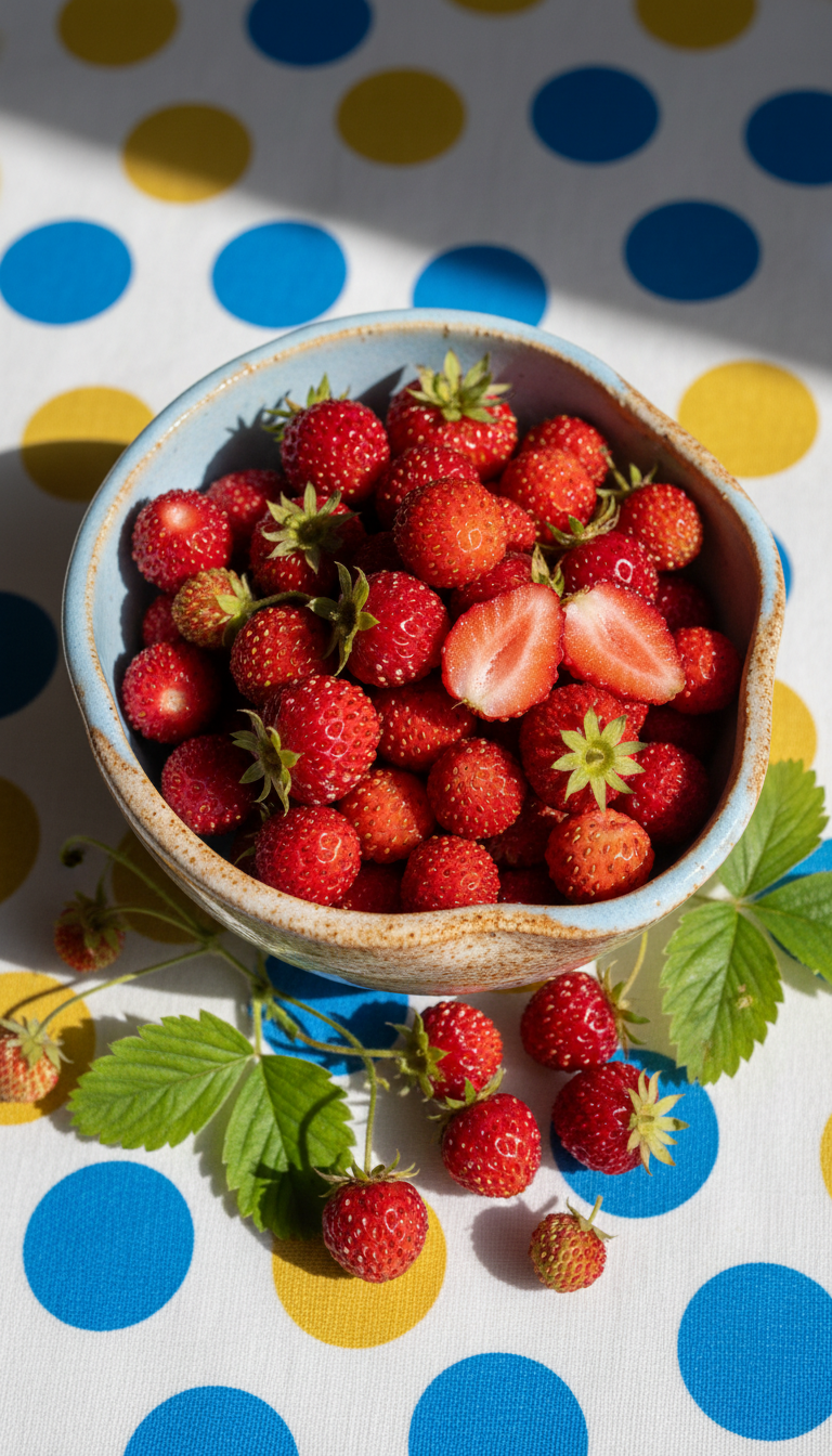 A small, round, hand-thrown ceramic bowl bursting with freshly picked wild strawberries, their tiny green caps peeking out from brilliant red berries. The bowl sits atop a playful, polka-dotted tablecloth in a pattern of electric blue and sunny yellow, surrounded by scattered strawberry leaves. Soft, natural afternoon light filters in from a nearby window, enhancing the glistening texture of the berries and creating gentle, rounded shadows. Captured from directly overhead, the composition is lively and colorful, rendered in a highly detailed, photographic style with a joyful and playful spirit.