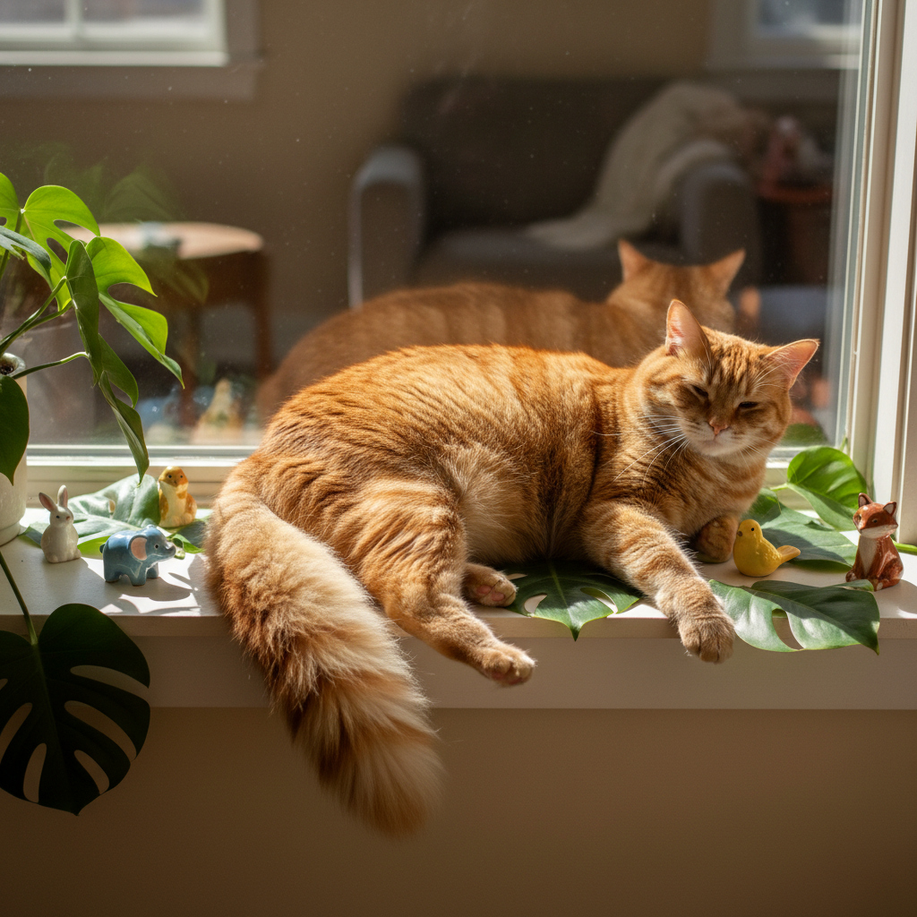 A plump, vividly colored orange tabby cat with a luxuriously fluffy tail sprawls across a sunlit windowsill, surrounded by a scattering of glossy green houseplant leaves and miniature ceramic animal figurines. Brilliant midday sunlight pours through the glass, casting animated, rounded-edged shadows and highlighting the velvety texture of the cat’s fur. The overall composition is whimsically energetic, with a playful sense of movement as the tail dangles off the edge. Shot from a slightly elevated angle, the focus remains sharp on the cat while the background blurs softly, creating an inviting, vibrant, photographic realism that radiates the simple joys of daily life.