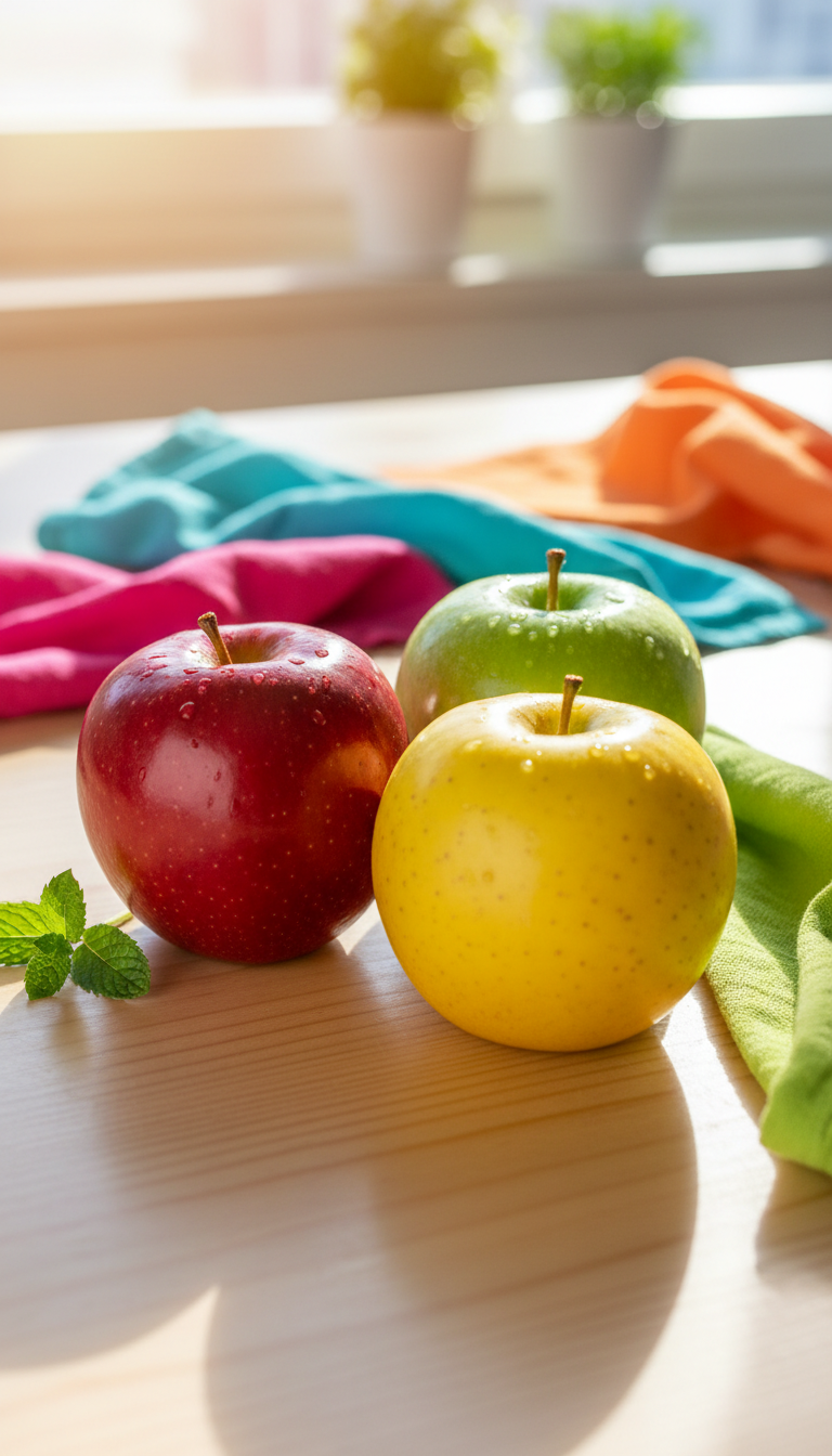 Three ripe, glossy apples—one red, one green, and one yellow—arranged in a loose, asymmetric triangle on a polished pine kitchen table. The apples’ skins glisten beneath diffused, late morning sunlight that streams in from the left, creating luminous highlights and gentle, rounded shadows. A playful scattering of bright-colored napkins and a sprig of fresh mint add whimsy and energy to the composition. Captured from an eye-level perspective with moderate depth of field, this image exudes a fresh, energetic mood in a photographic, colorful style that celebrates small everyday pleasures.